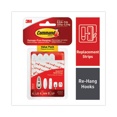 Damage-Free Hanging Indoor Refill Strips, (8) Small (0.63" x 1.81"), (4) Med (0.63" x 2.75"), (4) Large (0.75" x 3.65"),White