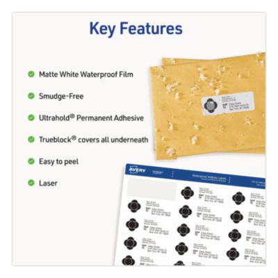 Waterproof Film Address Labels With Sure Feed Technology. Laser, 1 x 2.63, White, 30/Sheet, 10 Sheets/Pack