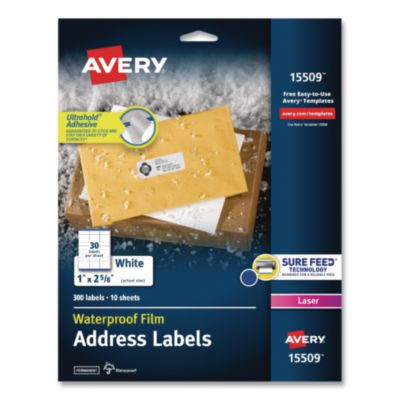 Waterproof Film Address Labels With Sure Feed Technology. Laser, 1 x 2.63, White, 30/Sheet, 10 Sheets/Pack