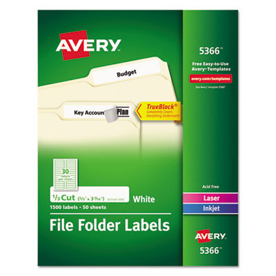 Permanent Trueblock File Folder Labels With Sure-Feed Technology, 0.66 x 3.44, White, 30/Sheet, 50 Sheets/Box