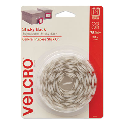 Sticky-Back Fasteners, Removable Adhesive, 0.63" Dia, White, 75/Pack