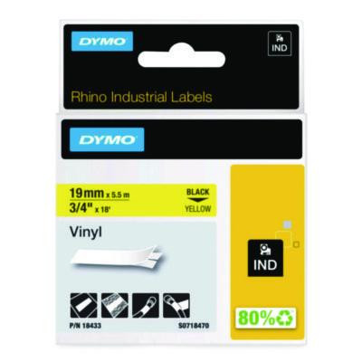 Rhino Permanent Vinyl Industrial Label Tape, 0.75" X 18 Ft, Yellow/Black Print
