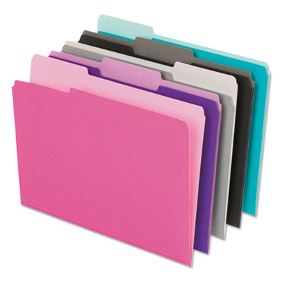 Interior File Folders, 1/3-Cut Tabs: Assorted, Letter Size, Assorted Colors: Aqua/Black/Gray/Pink/Violet, 100/Box