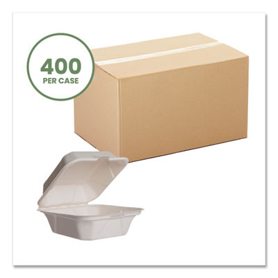 White Molded Fiber Clamshell Containers, Compostable, 5.9 x 5.9 x 2.9, White, Sugarcane, 400/Carton