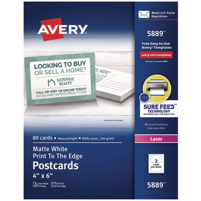 Printable Postcards, Laser, 80 Lb, 4 x 6, Matte White, 80 Cards, 2 Cards/Sheet, 40 Sheets/Box
