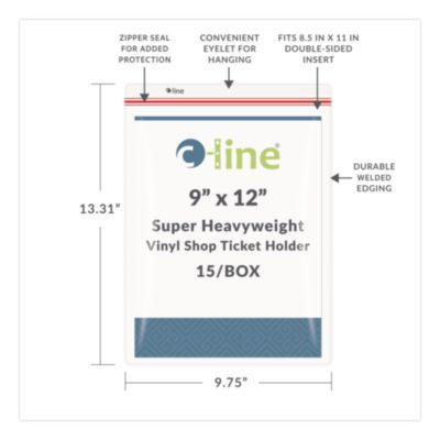 Industrial Zipper Seal Shop Ticket Holders, Super Heavy-Duty, Top Load 9 x 12 Insert, Clear Front, 15/Box