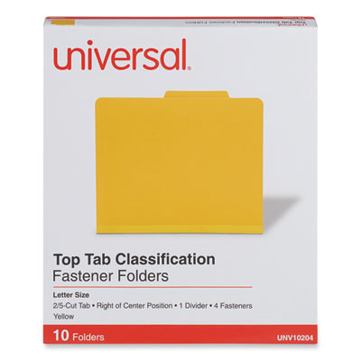 Pressboard Classification Folders, 2/5-Cut Tab, Expands 2", 1 Divider, 4 Fasteners, Letter Size, Yellow, 10/Box