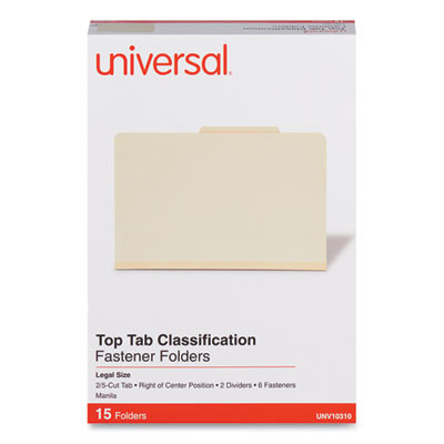 Classification Folders, 2/5-Cut Tab: Right Of Center, Expands 2", 2 Dividers, 6 Fasteners, Legal Size, Manila, 15/Box