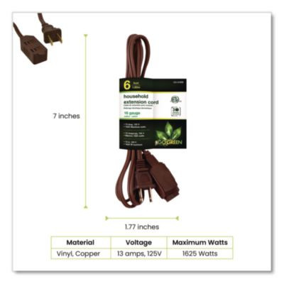 Household Extension Cord, 6 Ft, 13 A, Brown, 10/Pack