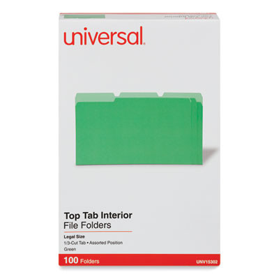 Interior File Folders, 1/3-Cut Tabs: Assorted, Legal Size, 11-Pt Stock, Green, 100/Box