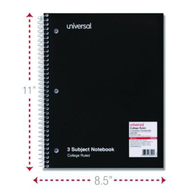 Wirebound Notebook, 3-Subject, Medium/College Rule, Black Cover, (120) 11 x 8.5 Sheets