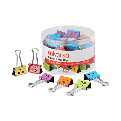 Emoji Themed Binder Clips With Storage Tub, Medium, Assorted Colors, 42/Pack