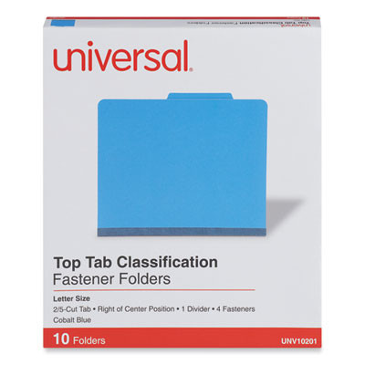 Pressboard Classification Folders, 2/5-Cut Tab, Expands 2", 1 Divider, 4 Fasteners, Letter Size, Cobalt Blue, 10/Box