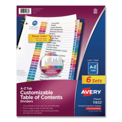 Customizable Table Of Contents Ready Index Multicolor Dividers, 26-Tab, a To z, 11 x 8.5, White, 6 Sets