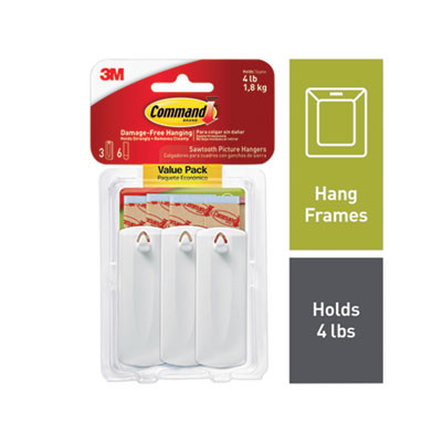 Sawtooth Picture Hanger Value Pack, Large, Plastic, White, 5 Lb Capacity, 3 Hooks And 6 Strips/Pack