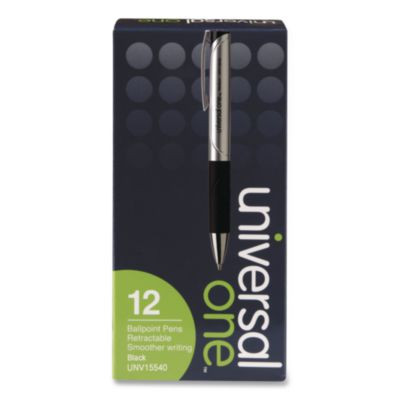 Comfort Grip Ballpoint Pen, Retractable, Medium 1 Mm, Black Ink, Silver/Black Barrel, Dozen
