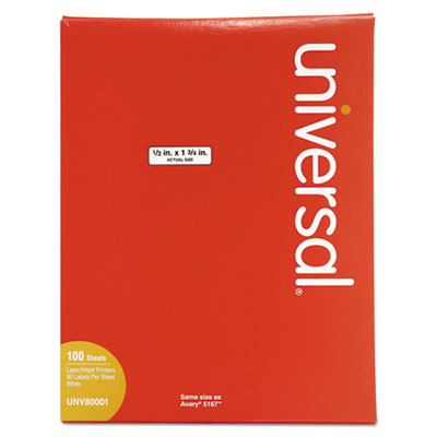 White Labels, Inkjet/Laser Printers, 0.5 X 1.75, White, 80/Sheet, 100 Sheets/Box