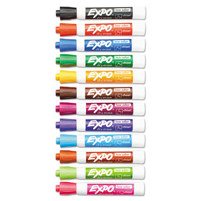 Low-Odor Dry-Erase Marker, Broad Chisel Tip, Assorted Colors, 12/Set