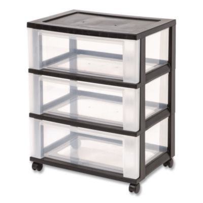 Three-Drawer Durable Storage Cart, Plastic, 22 x 15.69 x 25.48, Clear/Black