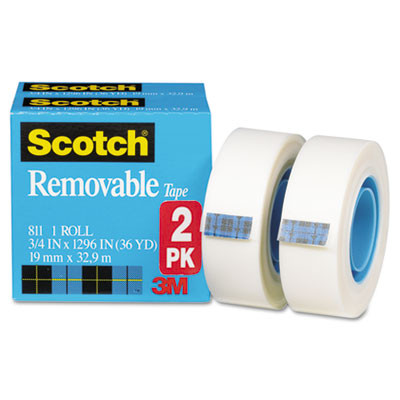 Removable Tape, 1" Core, 0.75" X 36 Yds, Transparent, 2/Pack