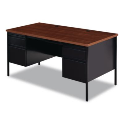 Double Pedestal Steel Desk, 60" x 30" x 29.5", Mocha/Black, Black Legs