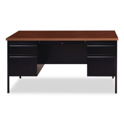 Double Pedestal Steel Desk, 60" x 30" x 29.5", Mocha/Black, Black Legs