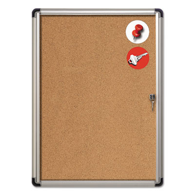 Slim-Line Enclosed Cork Bulletin Board With One Door, 28" x 38", Tan Surface, Satin Aluminum Frame