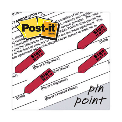 Arrow Message 0.5" Page Flags In Dispenser, "Sign Here", Red, 20 Flags Dispenser, 4 Dispensers/Pack