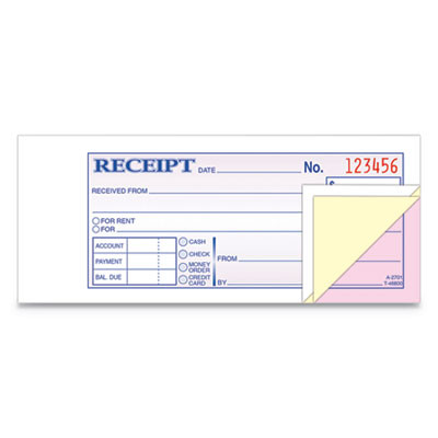 Receipt Book, Three-Part Carbonless, 2.75 x 7.19, 50 Forms Total