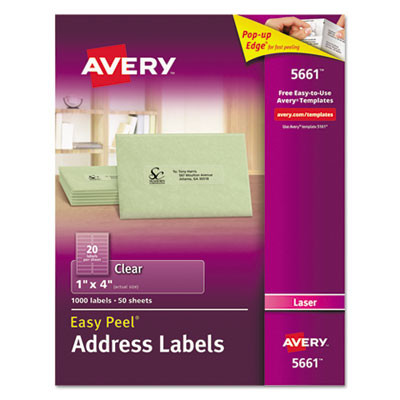Matte Clear Easy Peel Mailing Labels W/ Sure Feed Technology, Laser Printers, 1 X 4, Clear, 20/Sheet, 50 Sheets/Box