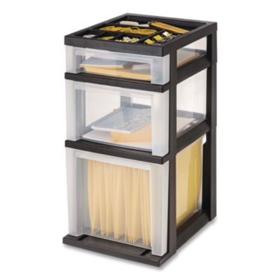 Three-Drawer Stand With Plastic Organizer Top, Plastic, 12.08 x 14.87 x 24, Clear/Black