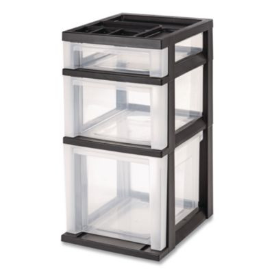 Three-Drawer Stand With Plastic Organizer Top, Plastic, 12.08 x 14.87 x 24, Clear/Black