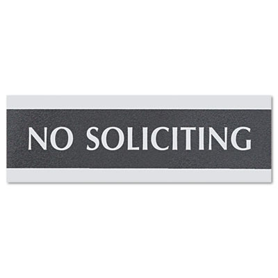 Century Series Office Sign, No Soliciting, 9 X 3, Black/Silver