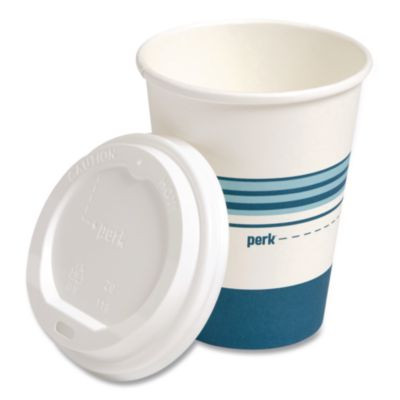 Paper Hot Cup And Plastic Dome Lid Combo, 12 Oz, White/Blue, 500/Carton