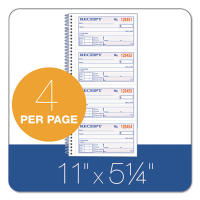 Spiralbound Money And Rent Receipt Book, Two-Part Carbonless, 4.75 x 2.75, 4 Forms/Sheet, 200 Forms Total