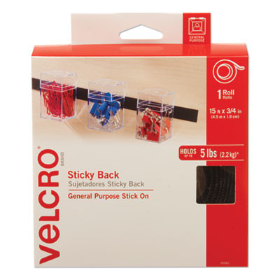 Sticky-Back Fasteners With Dispenser, Removable Adhesive, 0.75" X 15 Ft, Black