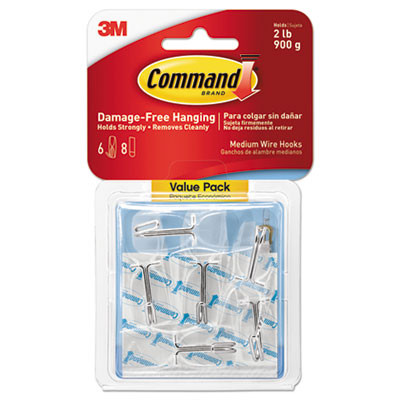 Medium Clear Wire Hooks, Metal Wire, Silver/Clear, Supports 2 Lb, 6/Pack