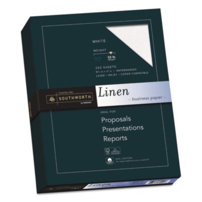 25% Cotton Linen Business Paper, 32 Lb Bond Weight, 8.5 x 11, White, 250/Pack