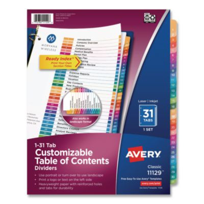 Customizable Toc Ready Index Multicolor Tab Dividers, 31-Tab, 1 To 31, 11 x 8.5, White, Traditional Color Tabs, 1 Set