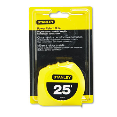Power Return Rule Tape Measure, Plastic Case,  Polymer-Coated Blade, 1" x 25 Ft, Yellow