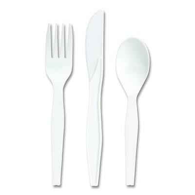 Mediumweight Plastic Cutlery, Fork/Knife/Spoon, Plastic, White, 100/Pack