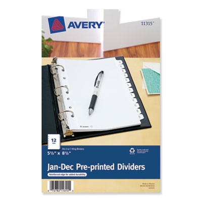 Preprinted Tab Dividers, 12-Tab, Jan. To Dec., 8.5 x 5.5, White, 1 Set
