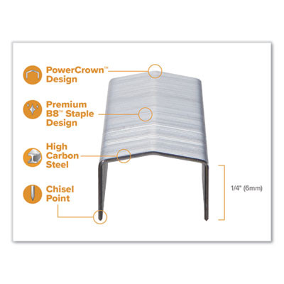 B8 Powercrown Premium Staples, 0.25" Leg, 0.5" Crown, Steel, 5,000/Box