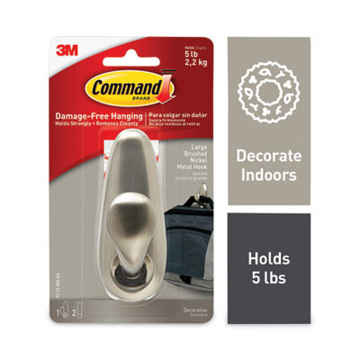 Adhesive Mount Metal Hook, Large, Brushed Nickel Finish, 5 Lb Capacity, 1 Hook And 2 Strips/Pack