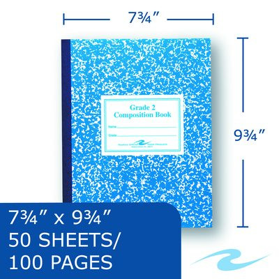 Grade School Ruled Composition Book, Grade 2 Manuscript Format, Blue Marble Cover, (50) 9.75 x 7.75 Sheets
