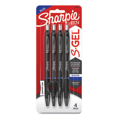 S-Gel High-Performance Gel Pen, Retractable, Medium 0.7 Mm, Blue Ink, Black Barrel, 4/Pack