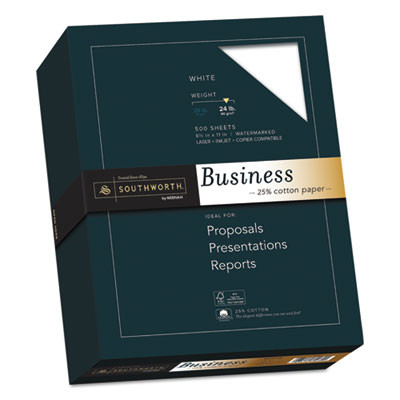25% Cotton Business Paper, 95 Bright, 24 Lb Bond Weight, 8.5 x 11, White, 500 Sheets/Ream