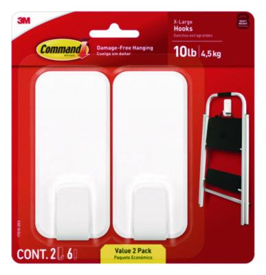 X-Large Utility Hooks, Plastic, White, Supports 10 Lb, 2/Pack