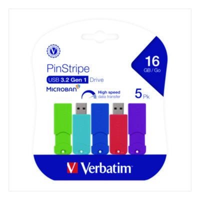 Pinstripe Usb 3.0 Flash Drive, 16 Gb, Assorted Colors, 5/Pack