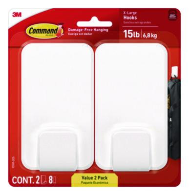 X-Large Utility Hooks, Plastic, White, Supports 15 Lb, 2/Pack